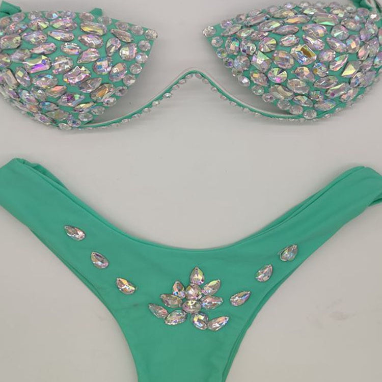 Women's Swimwear Bikini Swimsuit 2024 For Women Summer Beach Shiny Crystal Padded Push Up Bikinis Thong Bathing Sets Outfits Lake Green