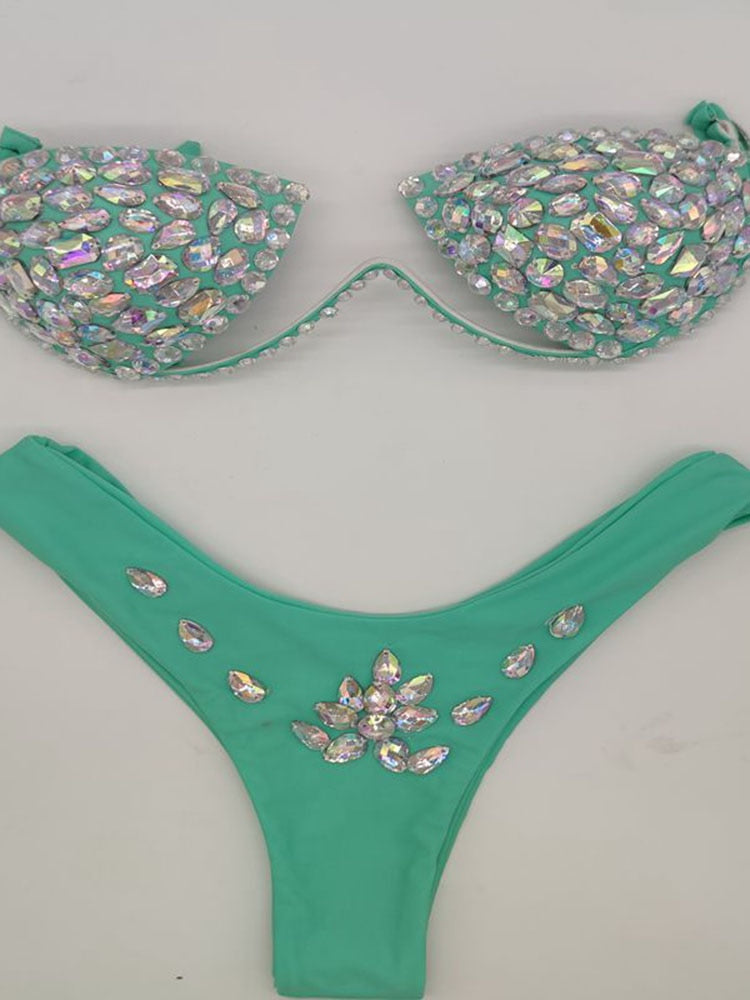 Women's Swimwear Bikini Swimsuit 2024 For Women Summer Beach Shiny Crystal Padded Push Up Bikinis Thong Bathing Sets Outfits Lake Green