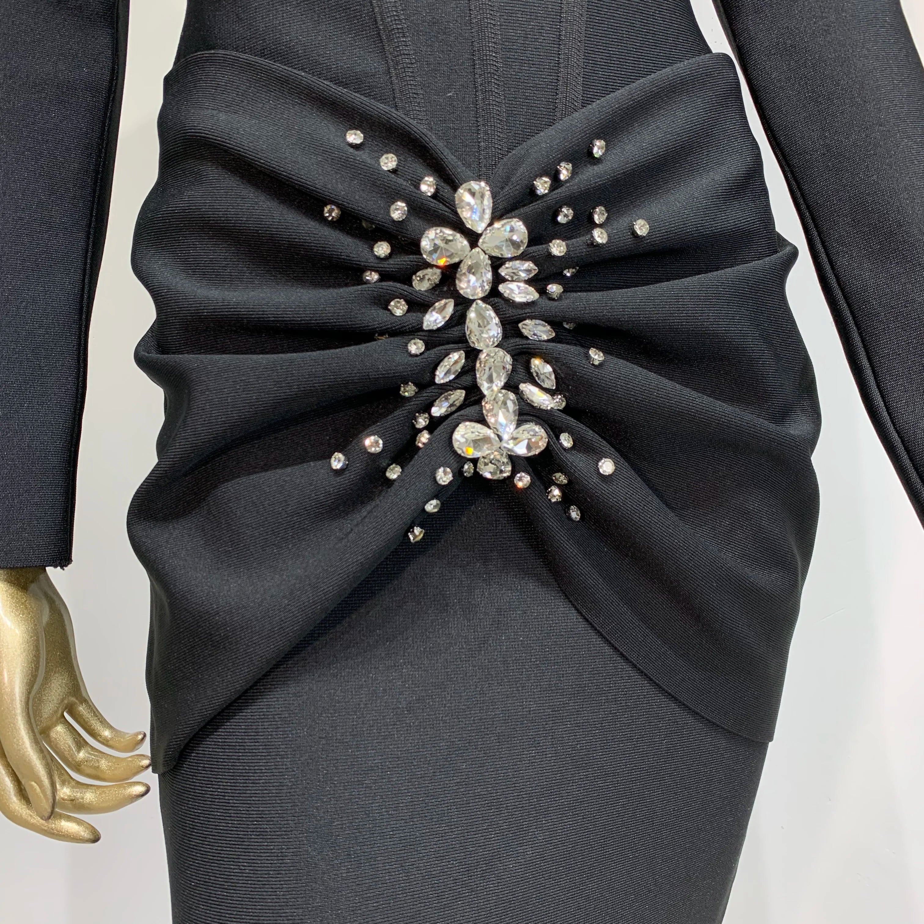 Women Celebrity Sexy Long Sleeve Beading Ruffles Black Maxi Long Bodycon Bandage Dress 2025 Elegant Evening Club Party Dress