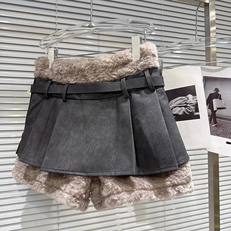 Winter New Fashion Metal Belt Suede Hem Fleece Fluffy Shorts Skirt For Women Versatile Sweet Mini Skirts 11A07958
