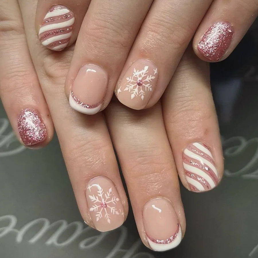 24Pcs Christmas French Fake Nail with Snowflake Design Glitter Pink Full Cover Nail Tip Xmas Short Wearable Press on False Nails 673