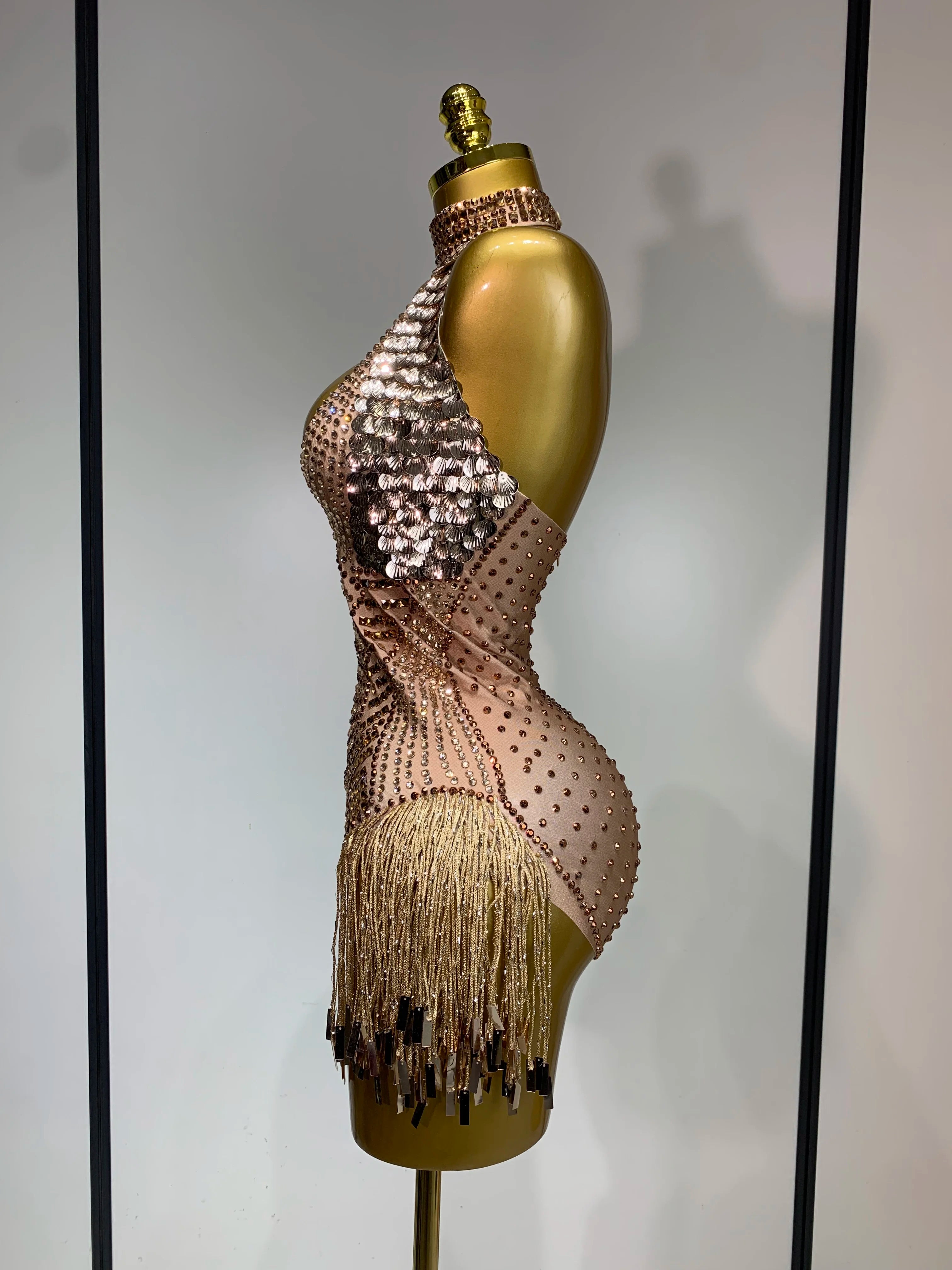 Luxury Sparkly Rhinestones Tassels Sequins Bodysuit Women Sexy Halter Backless Stage Performance Costume Club Birthday Outfit