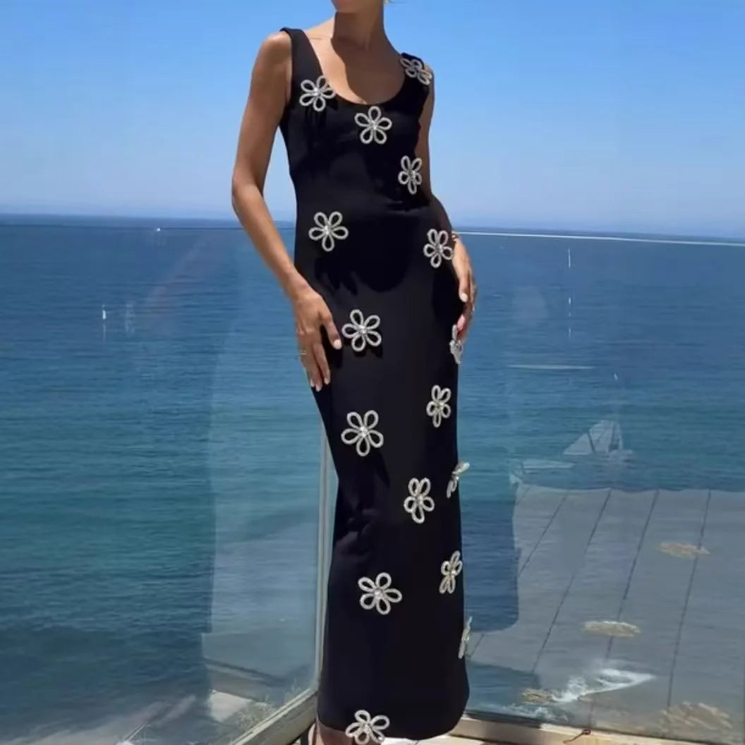 Top Quality Shinning Diamond Flowers Women Sleeveless O-Neck Bodycon Bandage Long Dress Celebrate Evening Party Runway Outfit