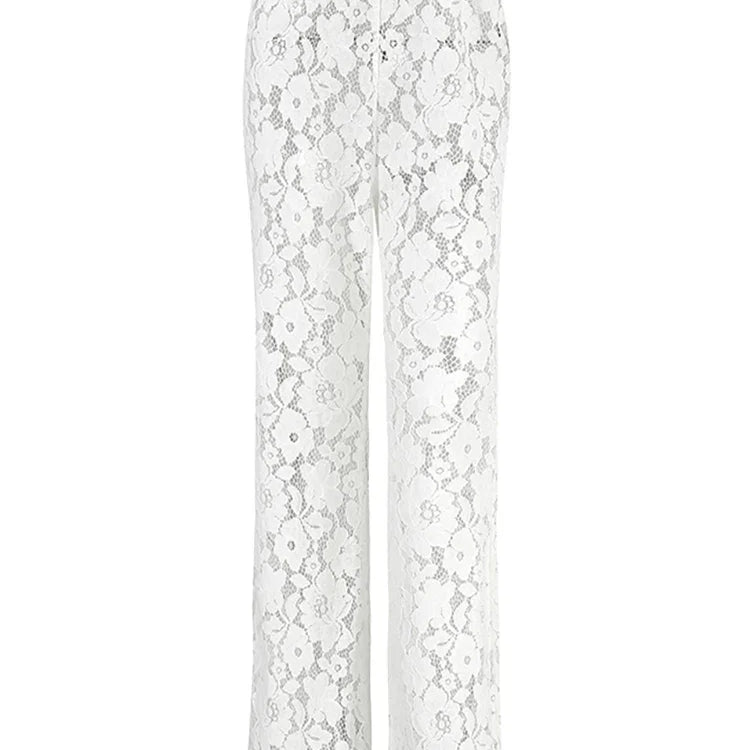 Mnealways18 Sexy Perspective White Flare Pants Summer Women Vacation High Waist Long Trousers Lace Beach Style Female Pants