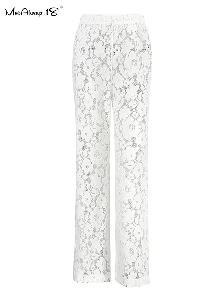 Mnealways18 Sexy Perspective White Flare Pants Summer Women Vacation High Waist Long Trousers Lace Beach Style Female Pants