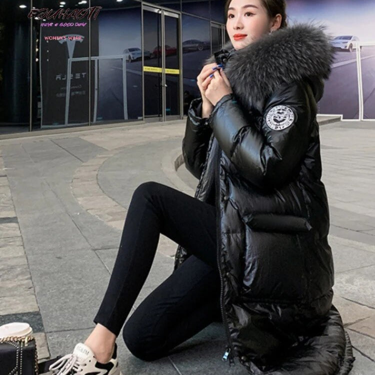 Woman Winter Parkas New Glossy Wash Free Down Cotton Jacket Below The Knees Long Style Hooded Fur Collar Thicken Women's Coat