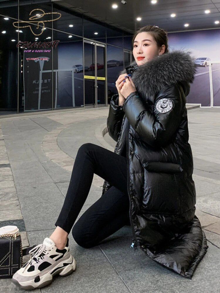 Woman Winter Parkas New Glossy Wash Free Down Cotton Jacket Below The Knees Long Style Hooded Fur Collar Thicken Women's Coat