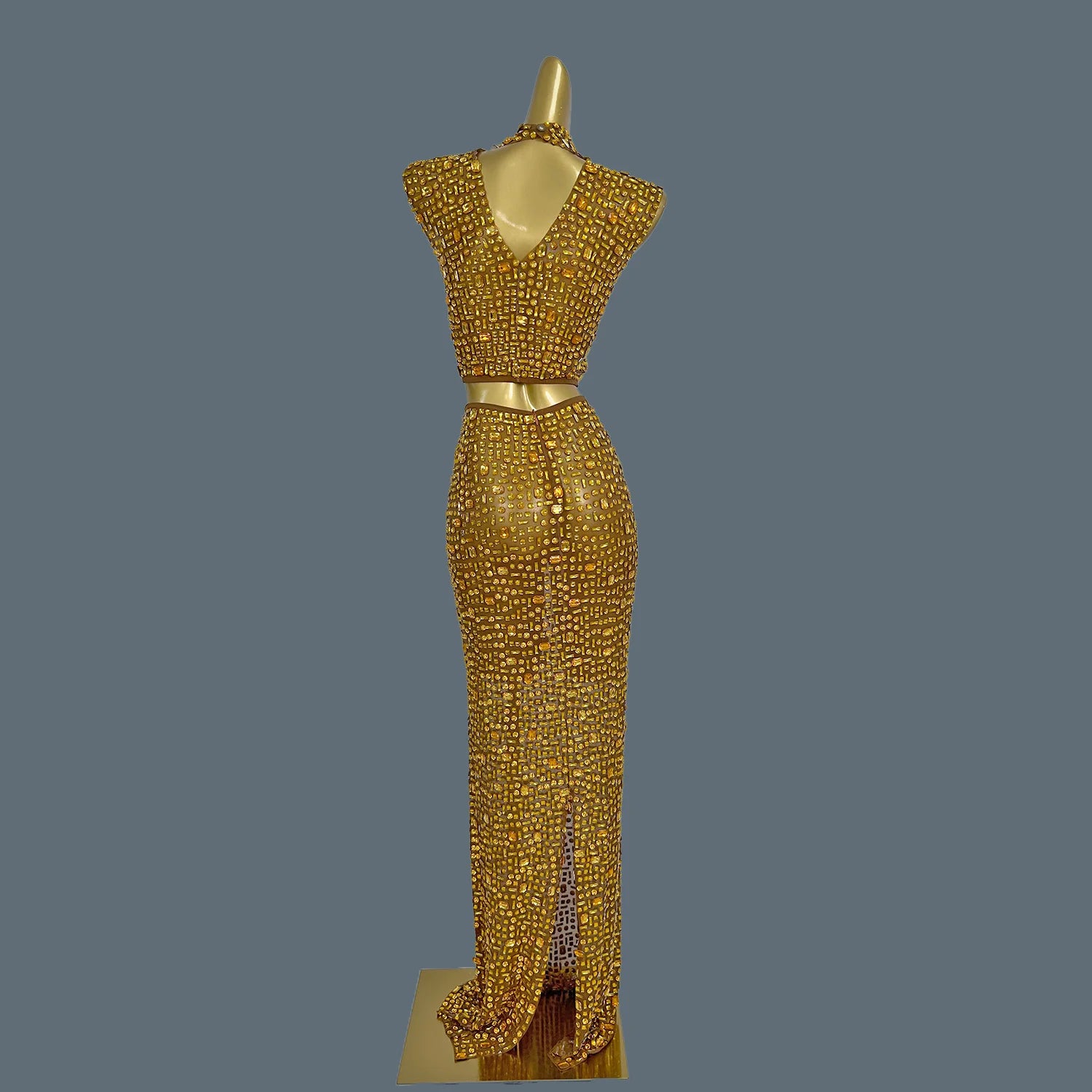 Lady Sexy Two Piece Set See Through Slit Crystal Rhinestone Mesh Dress for Club Party Wear Red Carpet Stage Show Costume Gesebei