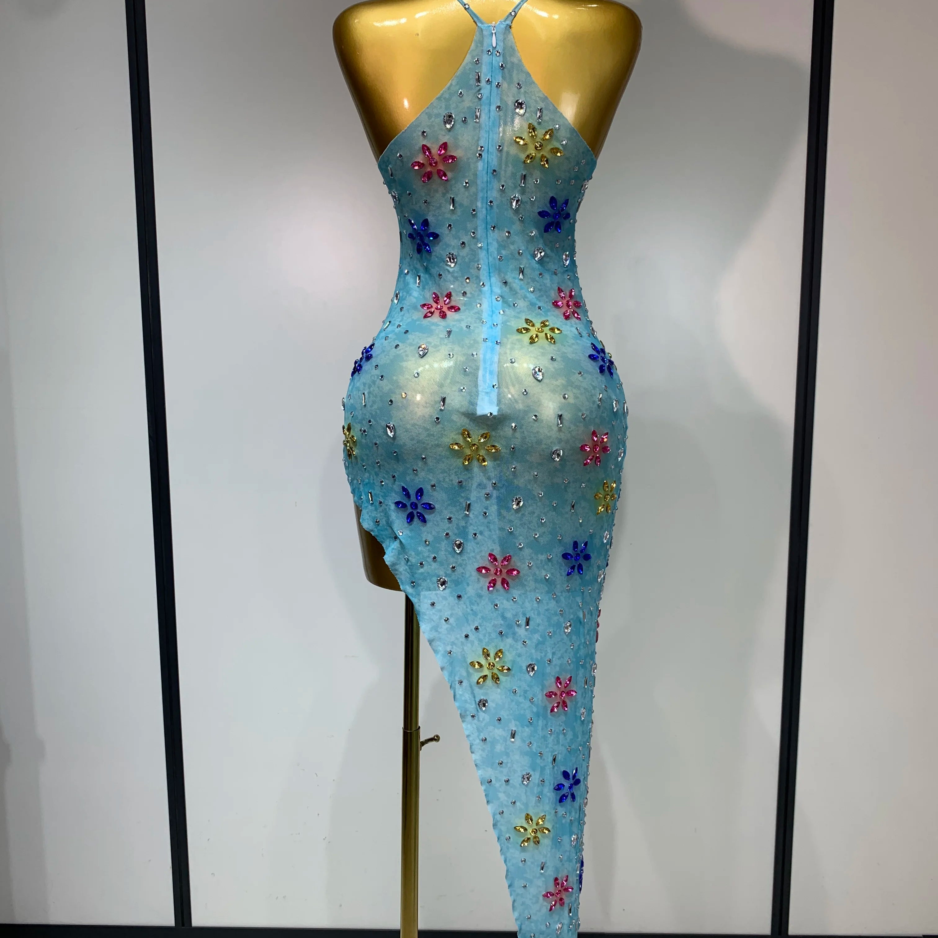 2025 Newest Sexy Mesh High Split Sparkly Diamonds See Through Dress Luxury Birthday Dress Women Celebrate Party Stage Outfit