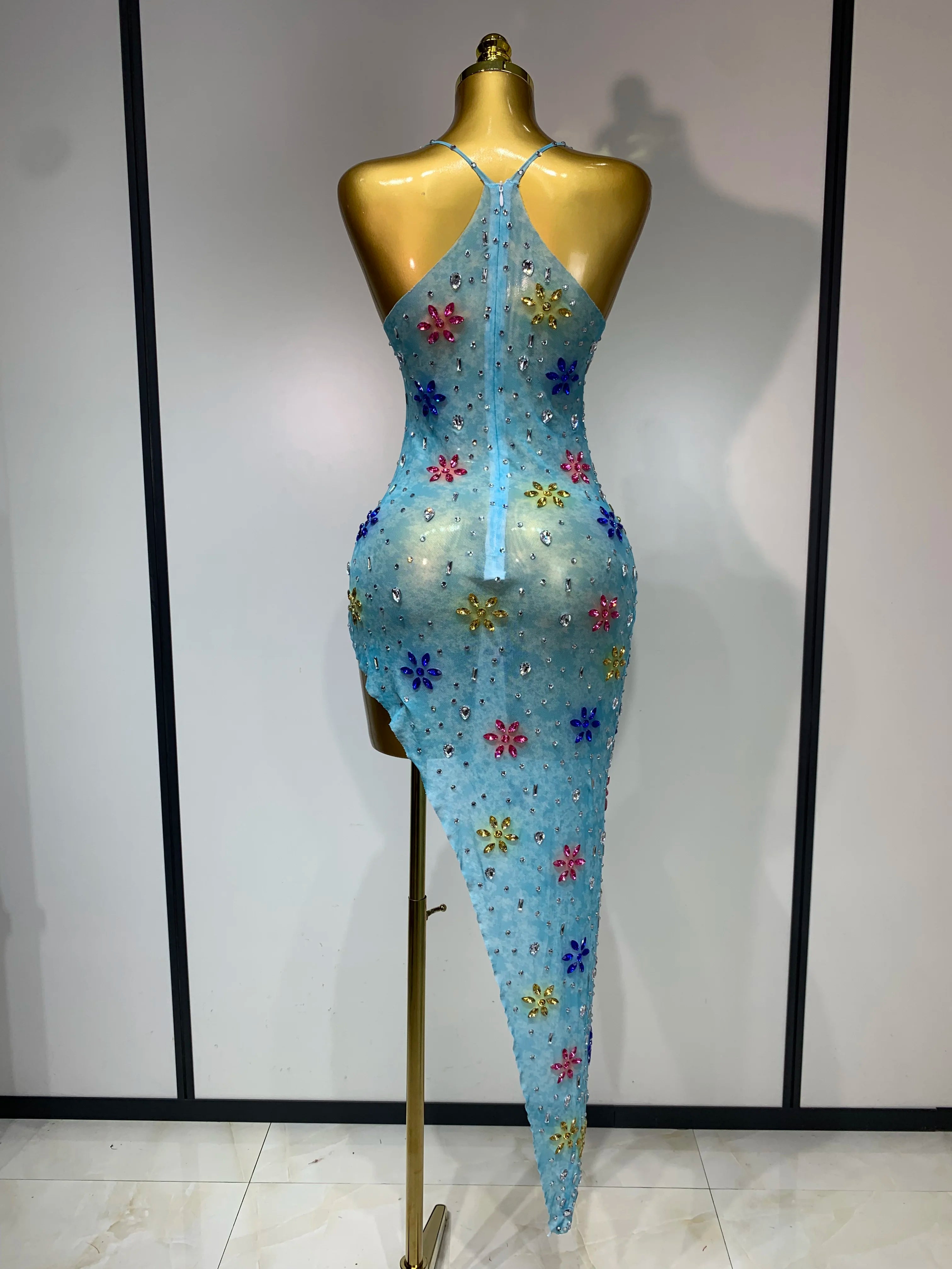 2025 Newest Sexy Mesh High Split Sparkly Diamonds See Through Dress Luxury Birthday Dress Women Celebrate Party Stage Outfit