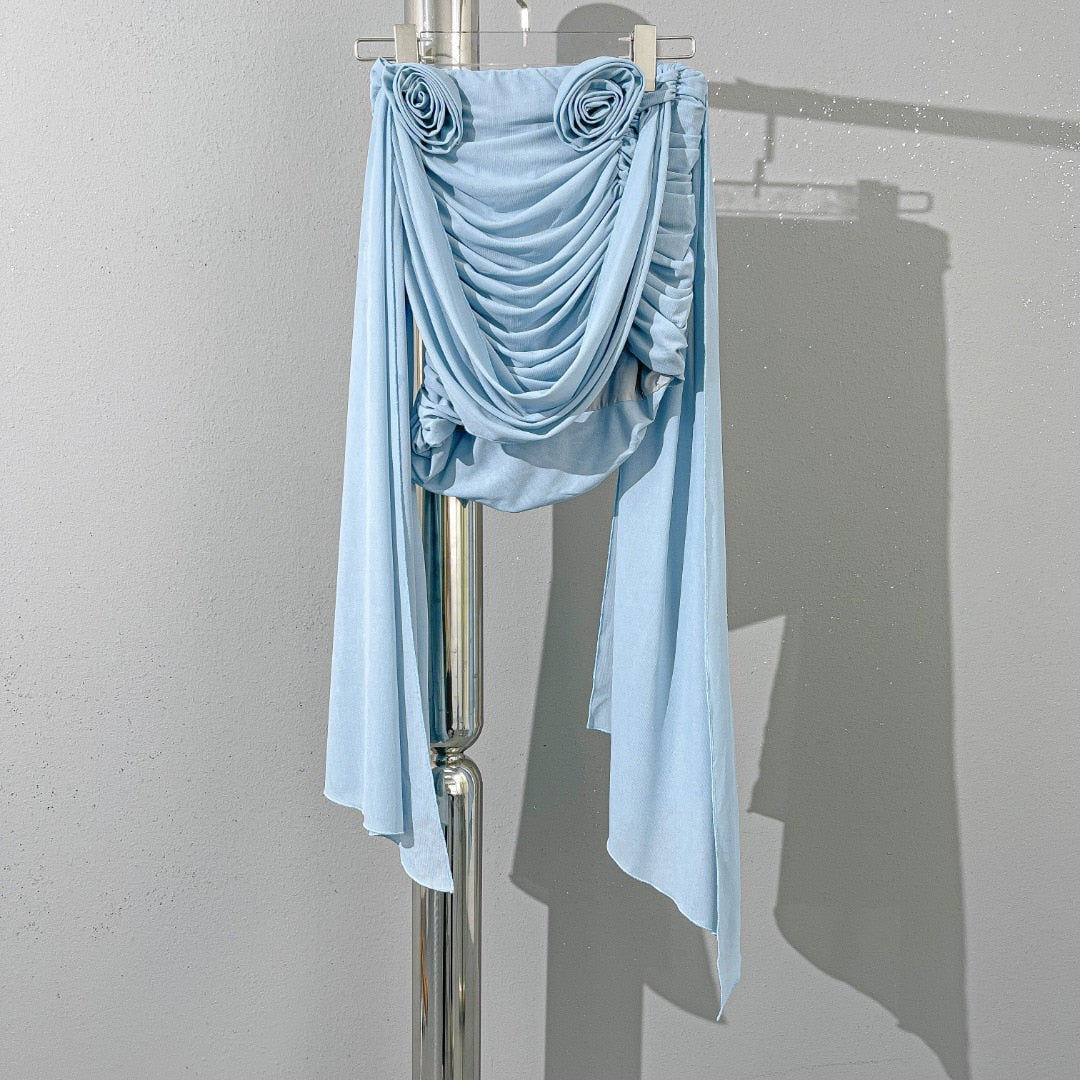 Romantic 3D rose pleated tank top fashionable and sexy y2k single side slim waist short section Top women 2024 summer new Light Blue 1