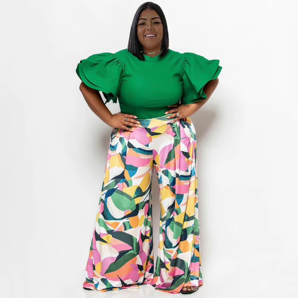 Plus Size Summer 2 Two Piece Set Women Ruffle Pleated Fashion Slim Ladies Blouses Floral Print Loose Pleated Woman Wide Leg Pant green
