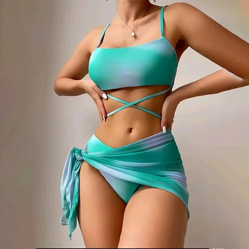 Sexy Womens 3 Pieces Bikini Set Tie Dye Swimsuit Beachwear Summer Fashion Push Up Comfortable Mesh Skirt Suit for Ladies