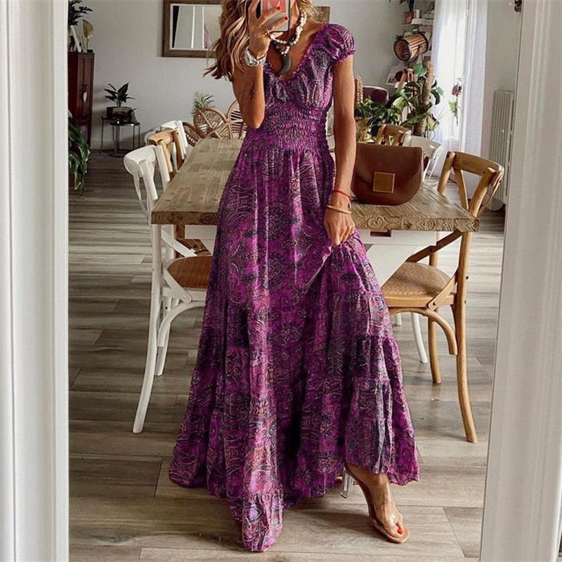 Summer Vintage Long Dresses Women 2024 Bohemian Elegant Floral Print V Neck Robe Beach Holiday Casual Big Swing Maxi Dresses Purple