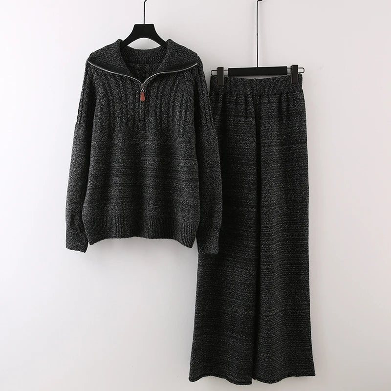 Autumn Winter New Half-Zip Stand Collar Knit Sweater Suit For Women Wide-Leg Pants Knitted Two-Piece Set 11A07540 Black One Size