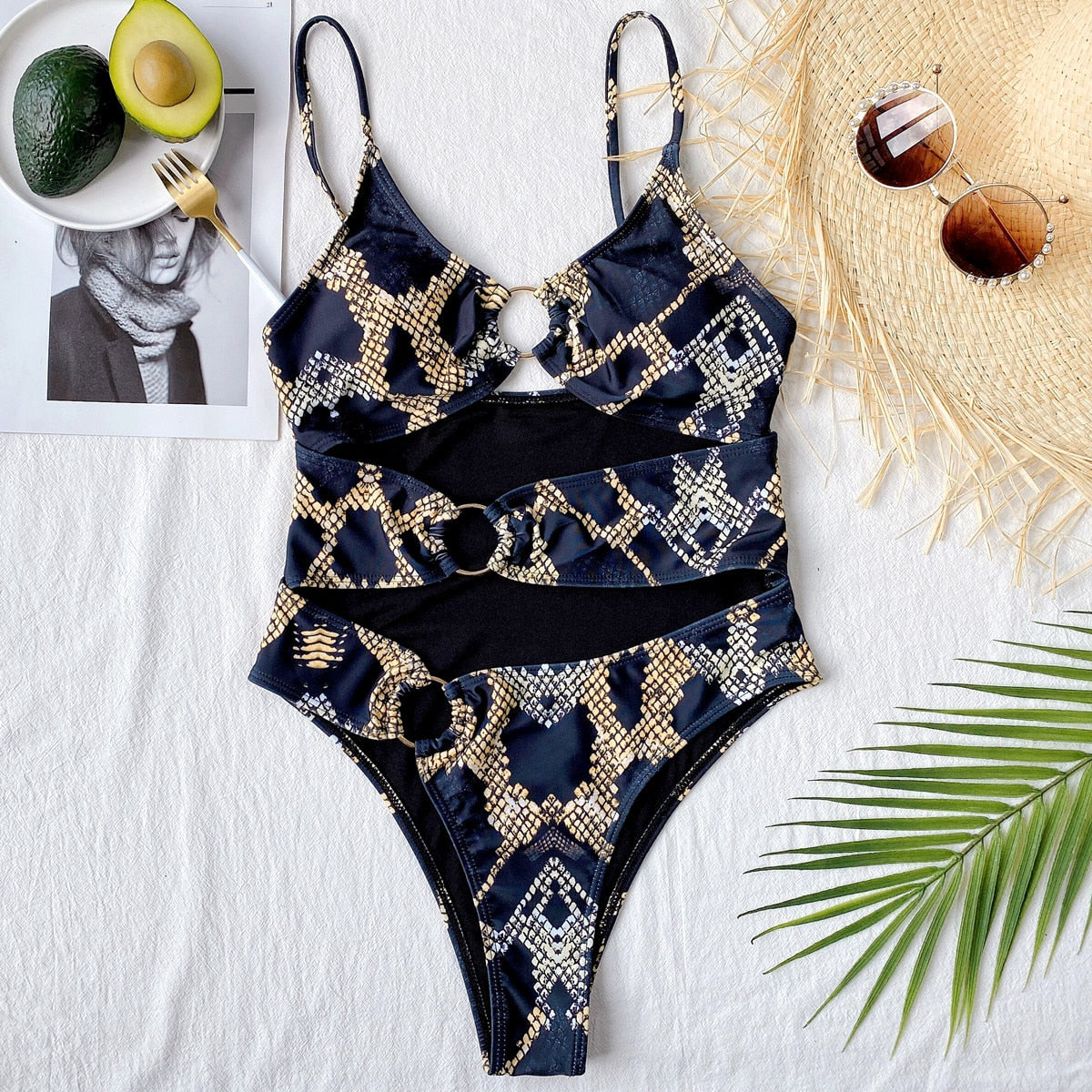 Sexy One Piece Swimsuit Swimwear - Snakeskin Print Hollow Metal Ring One-piece Bathing Suit Beachwear Banadores Mujer Black