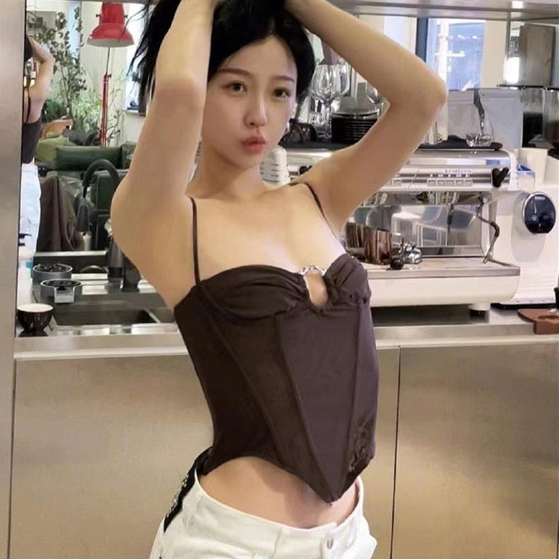 Xeemilo Spaghetti Strap Tank Top Sexy Backless Bandage Skinny Crop Tops 2024 Summer Elegant Lace Up Party Streetwear Women Camis Brown-T42H3859