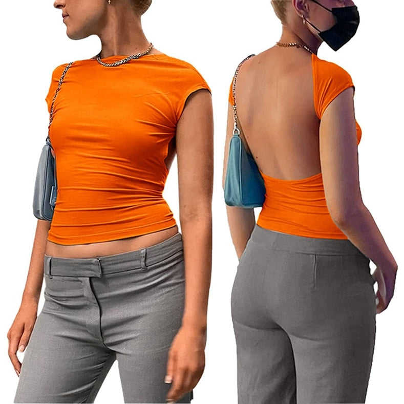 Y2K Sexy Backless Crop Top Women Casual 2024 Summer Short Sleeve O Neck T Shirts Streetwear Fit Slim Pullovers Base Tees T-Shirt Orange