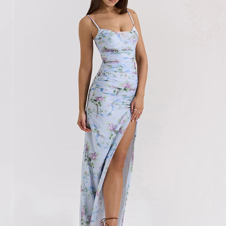 Blue Floral Print Mesh Maxi Dress For Women Gown Zipper Spaghetti Strap Sleeveless Backless Split Club Party Long Dress