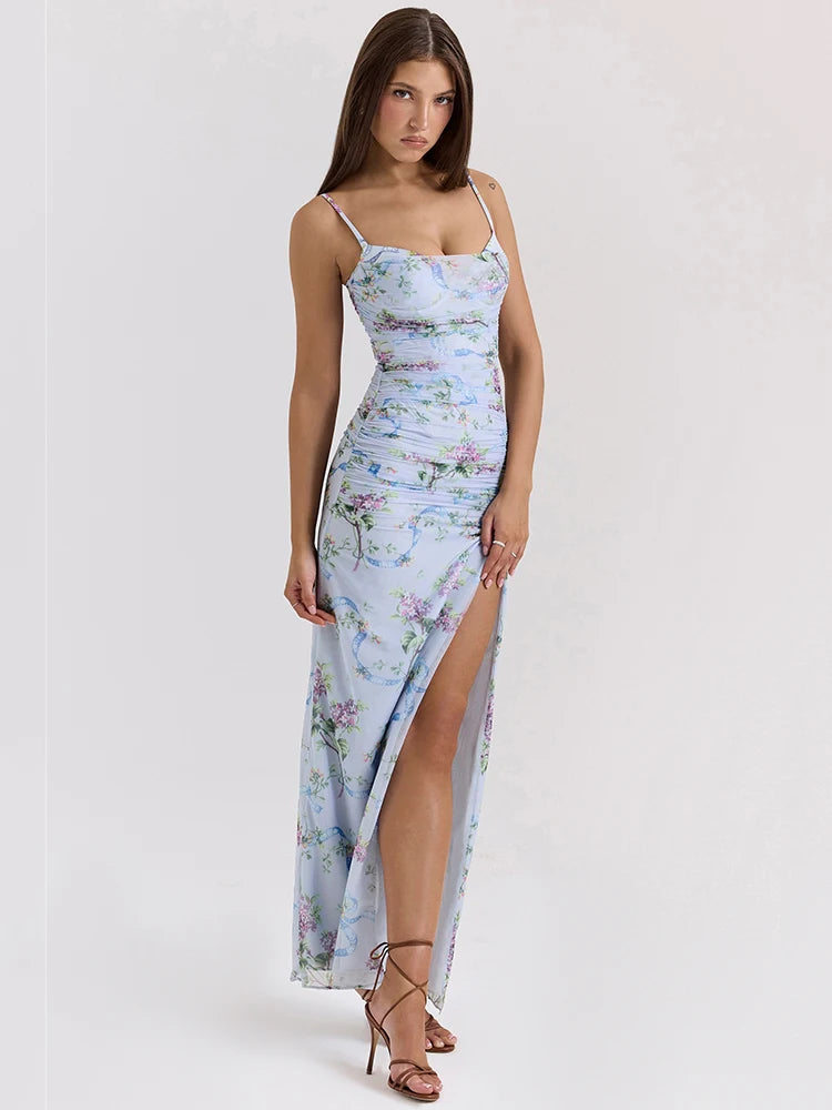 Blue Floral Print Mesh Maxi Dress For Women Gown Zipper Spaghetti Strap Sleeveless Backless Split Club Party Long Dress