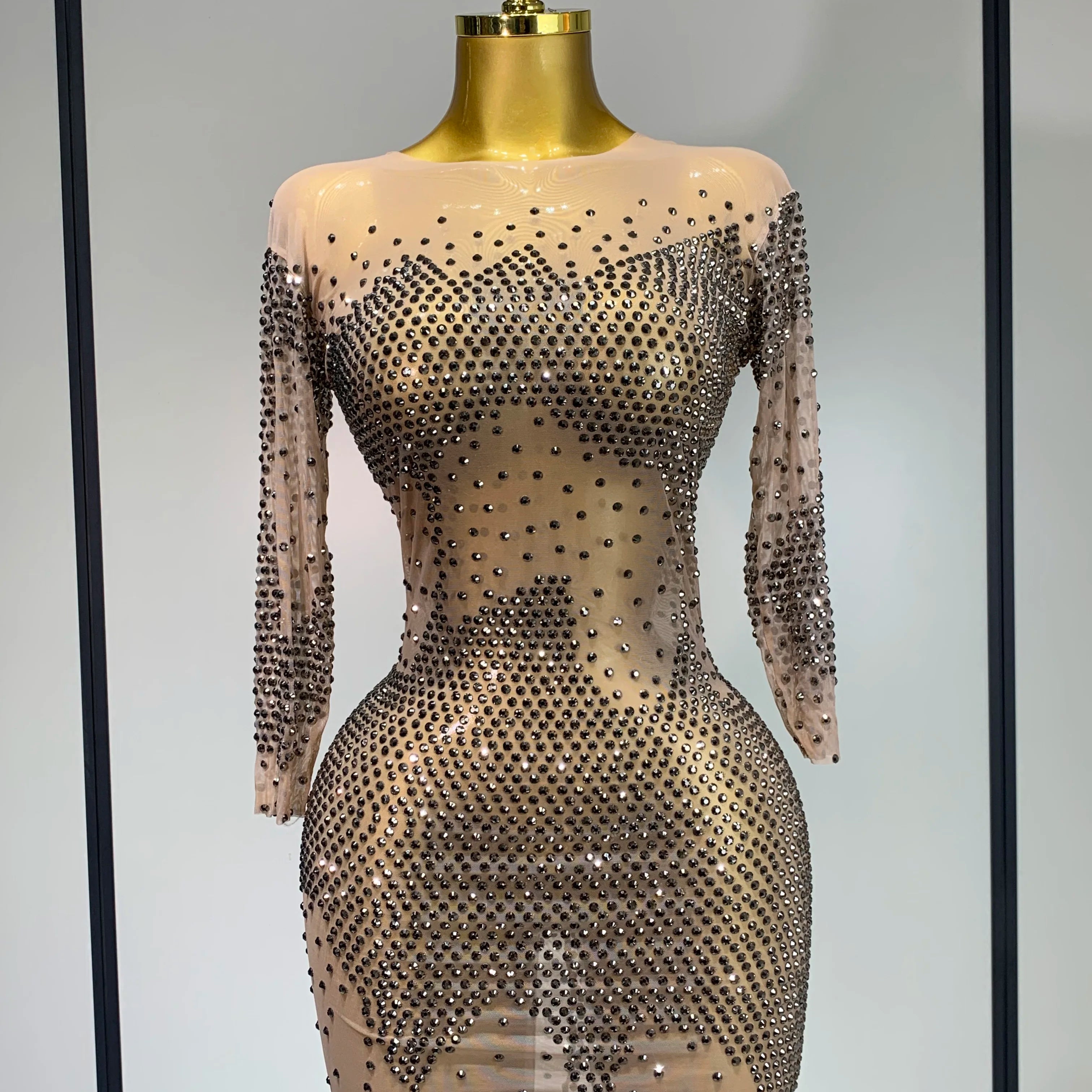 Luxury Birthday Rhinestones Half Sleeve Transparent Mini Dress Women 2025 Sexy Mesh Stretch Performance Celebrity Stage Wear Khaki
