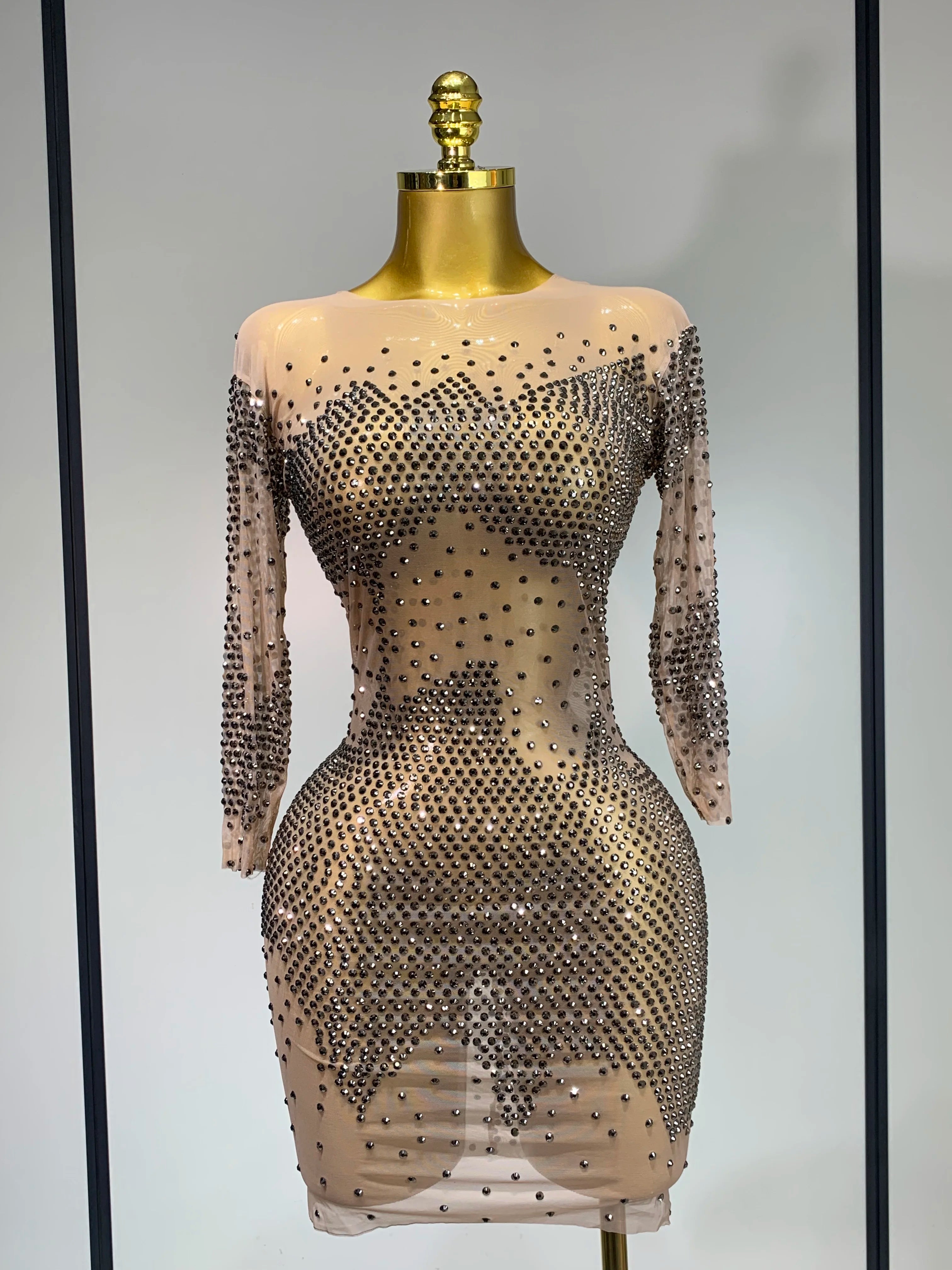 Luxury Birthday Rhinestones Half Sleeve Transparent Mini Dress Women 2025 Sexy Mesh Stretch Performance Celebrity Stage Wear Khaki