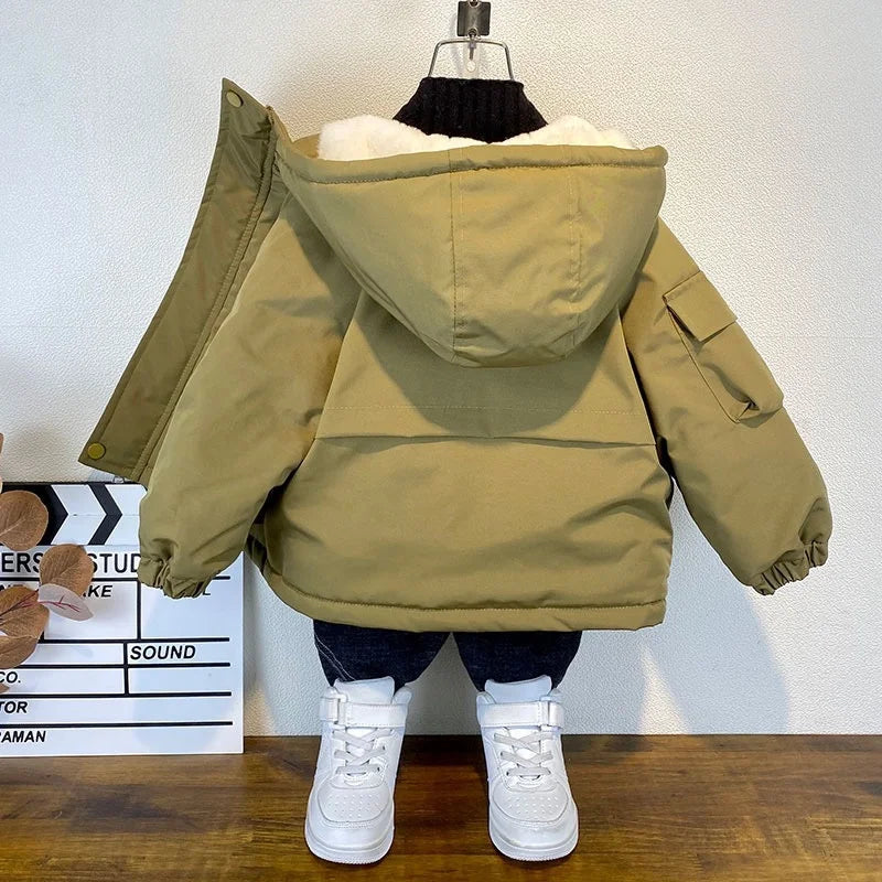 Winter Boys Jacket Children Clothing Keep Warm Cotton Thicken Coats Kids Zipper Hooded Outerwear Plus Velvet Jackets