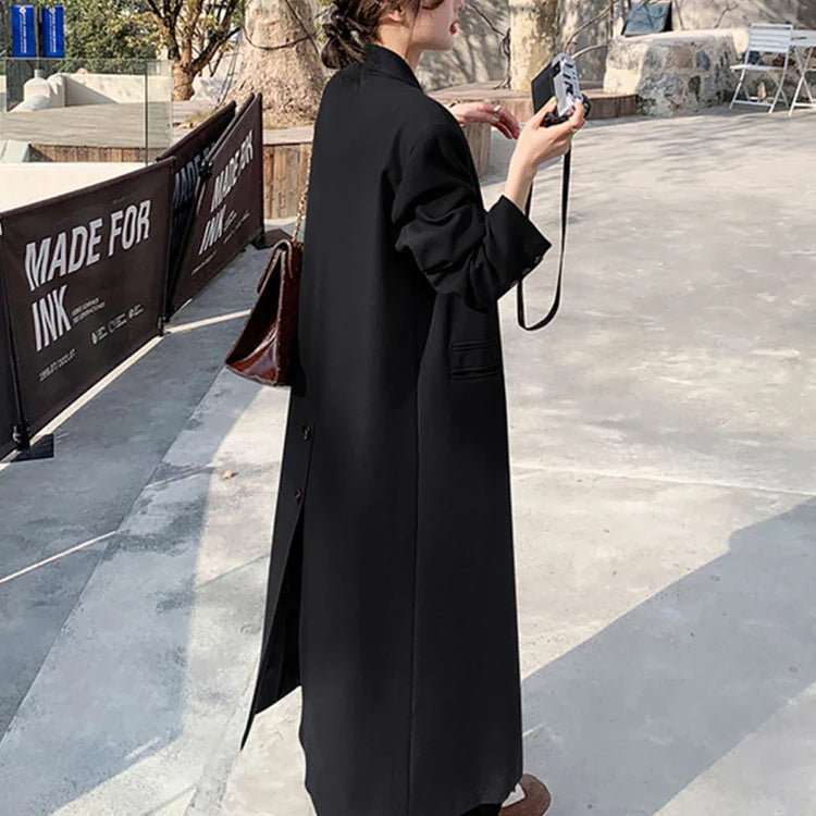 Autumn Long Coffee Flowy Blazer Coat Women with Back High Slit Double Breasted Loose Casual Korean Fashion Overcoat 2024 Black