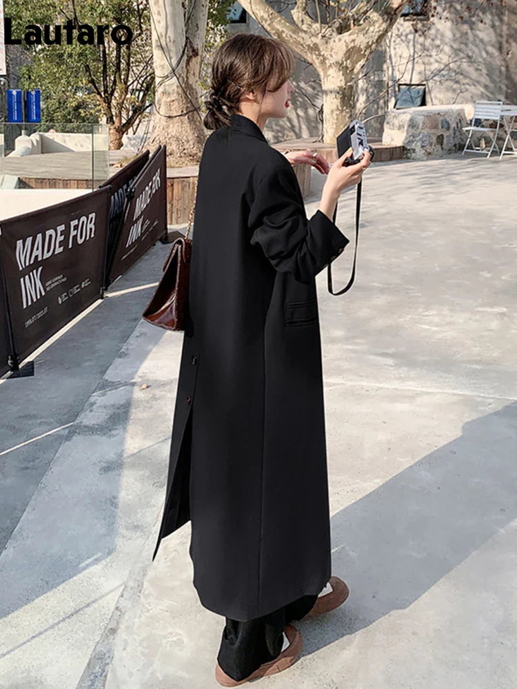 Autumn Long Coffee Flowy Blazer Coat Women with Back High Slit Double Breasted Loose Casual Korean Fashion Overcoat 2024 Black