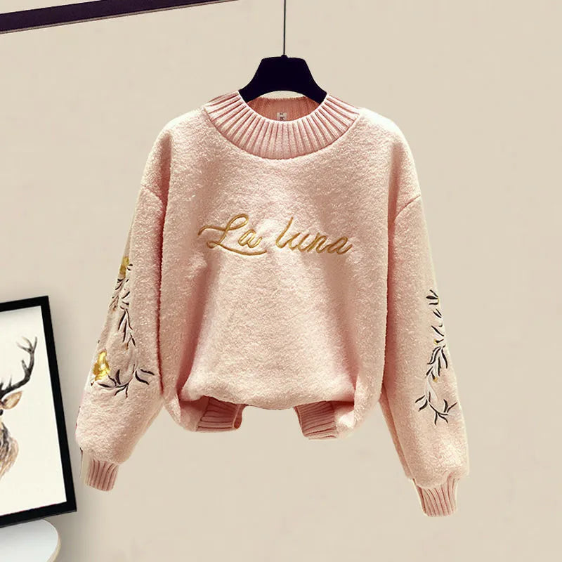 Winter Warm 3 Piece Set Suit Women Knitted Letter Pullover Sweater Sweatpants Lamb Wool Vest Tracksuit Female Outfit Outerwear Pink