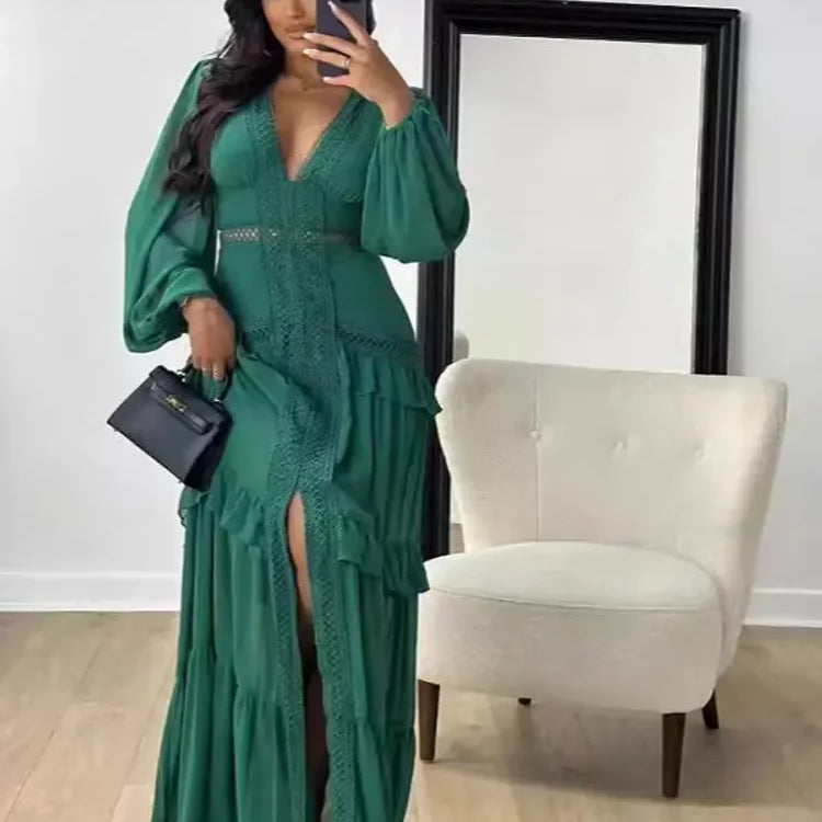 Women Elegant Layered Ruffles Patchwork Long Dress Chic V Neck Puff Full Sleeves Split Maxi Dresses Fashion Lady Party Robes Dark green