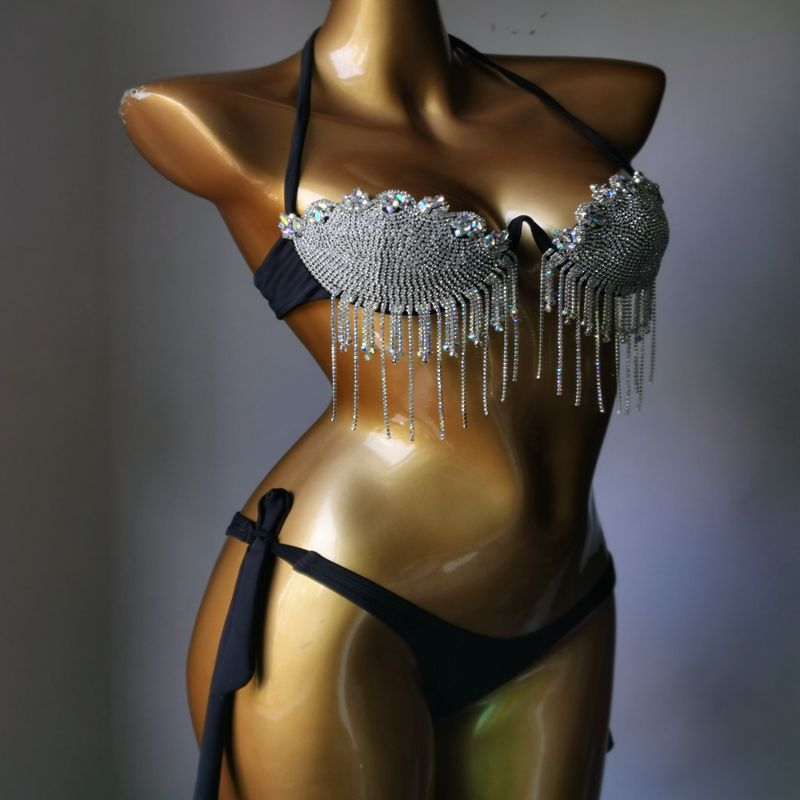 Push Up Gathered Sexy Bikini Luxury Crystal Diamond Women's Swimsuit High-End Rhinestone Tassels Swimwear Biquini