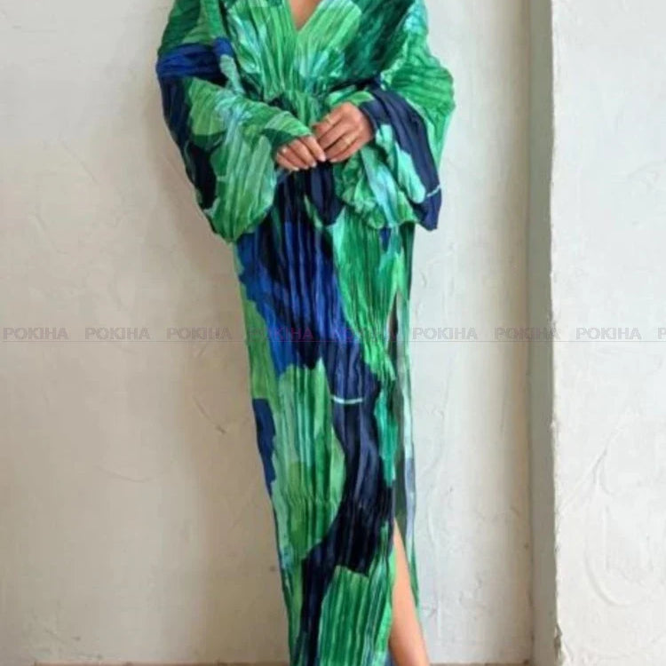 CIL V-neck Loose Backless Baggy Sleeve Women Split Maxi Dress Vintage Printed Vacation Elegant Pleated Long Dress Vestido