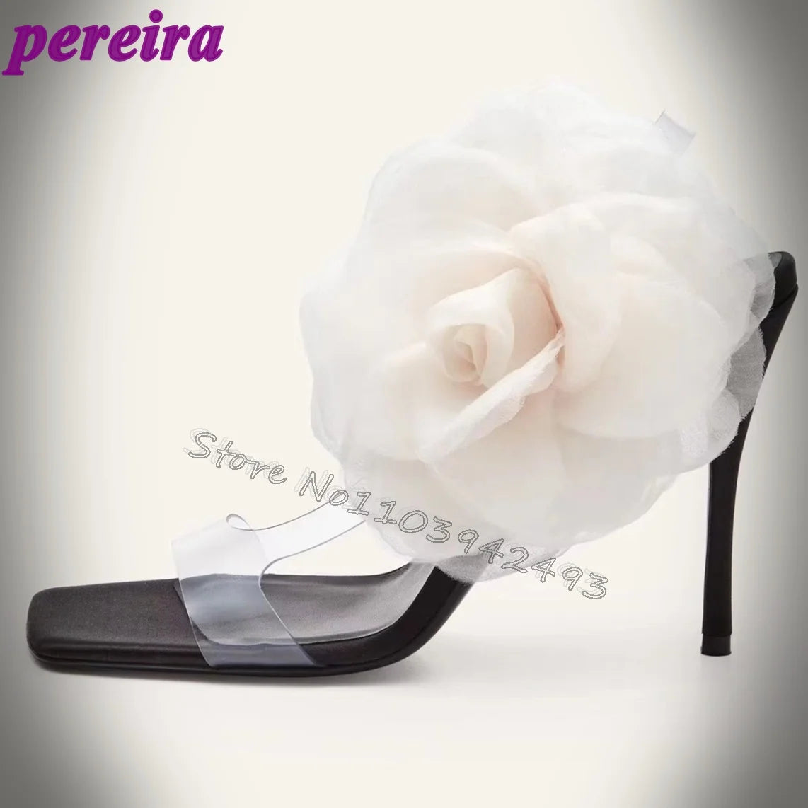 Black Tulle Flower Translucent Toe Stiletto Heels Open Back Women's High Heels Sandals Stylish Breathable Party Shoes Pvc Shoe WHITE