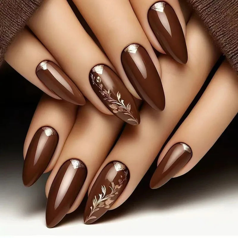 24Pcs Brown Maple Leaves Design Press on False Nails Long Almond Nails Set with Diamond Detachable Retro Fake Nail Tip for Women 1868