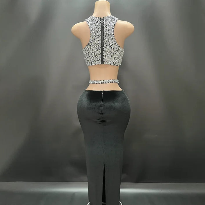 Sparkly Crystal Bodycon Tops 2 Pieces Bodycon Long Dress Women Sexy Off the Shoulder Nightclub Party Performance Costume