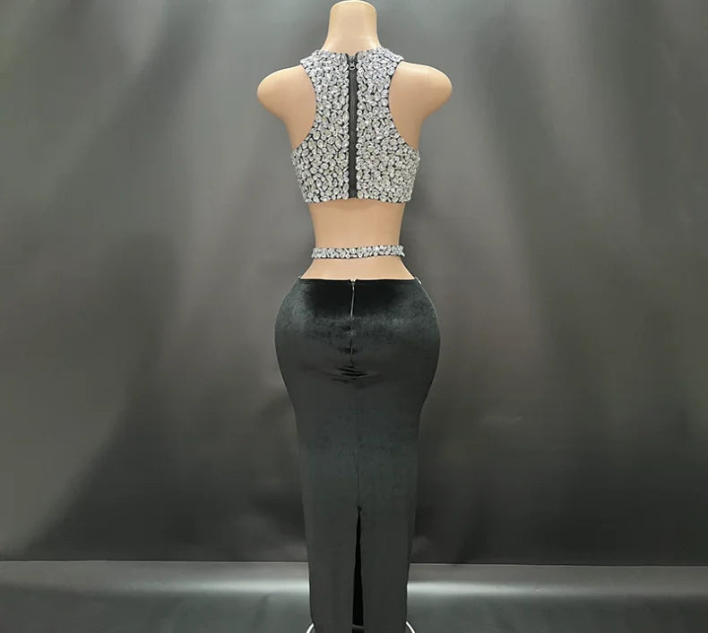 Sparkly Crystal Bodycon Tops 2 Pieces Bodycon Long Dress Women Sexy Off the Shoulder Nightclub Party Performance Costume