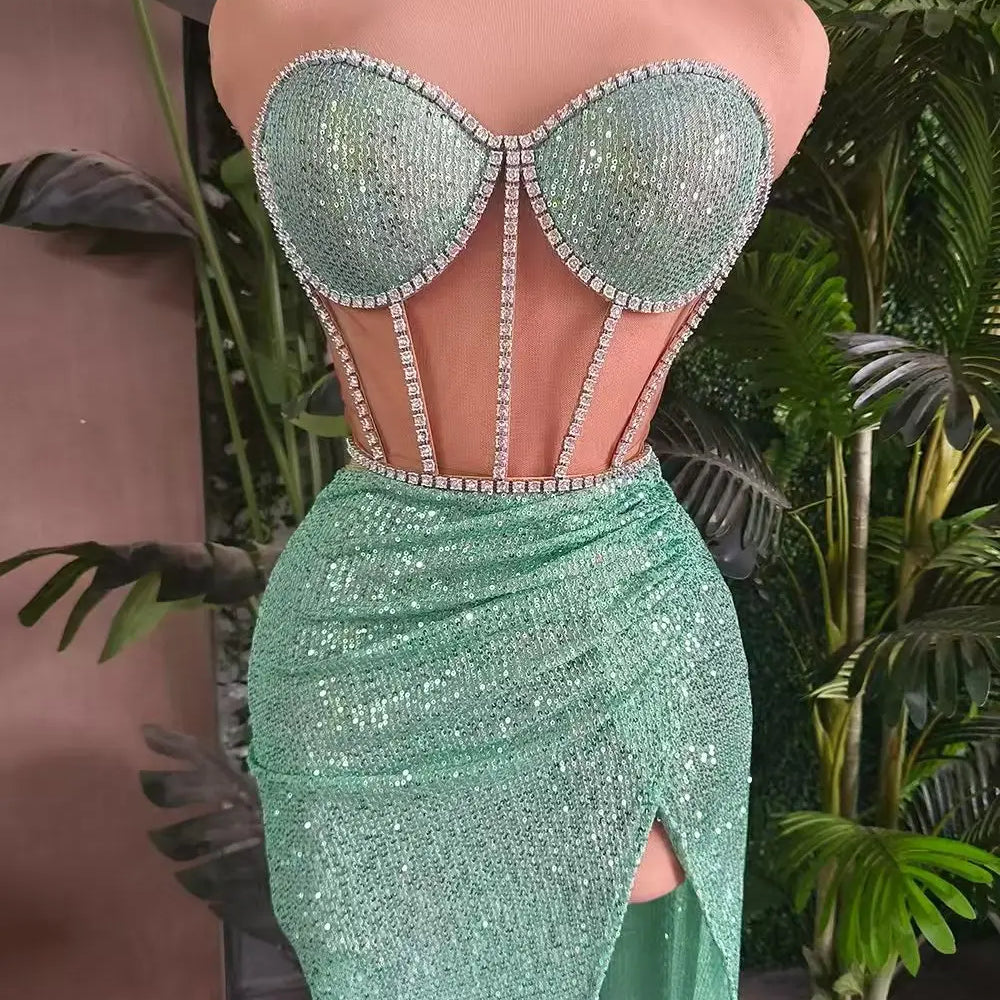 Stunning Sparkly Rhinestone Sequins Streamer Theme Party Hollow Out Tops Skirt 2Pieces Set Suit Festival Event Bodycon Tangguo Mint One Size