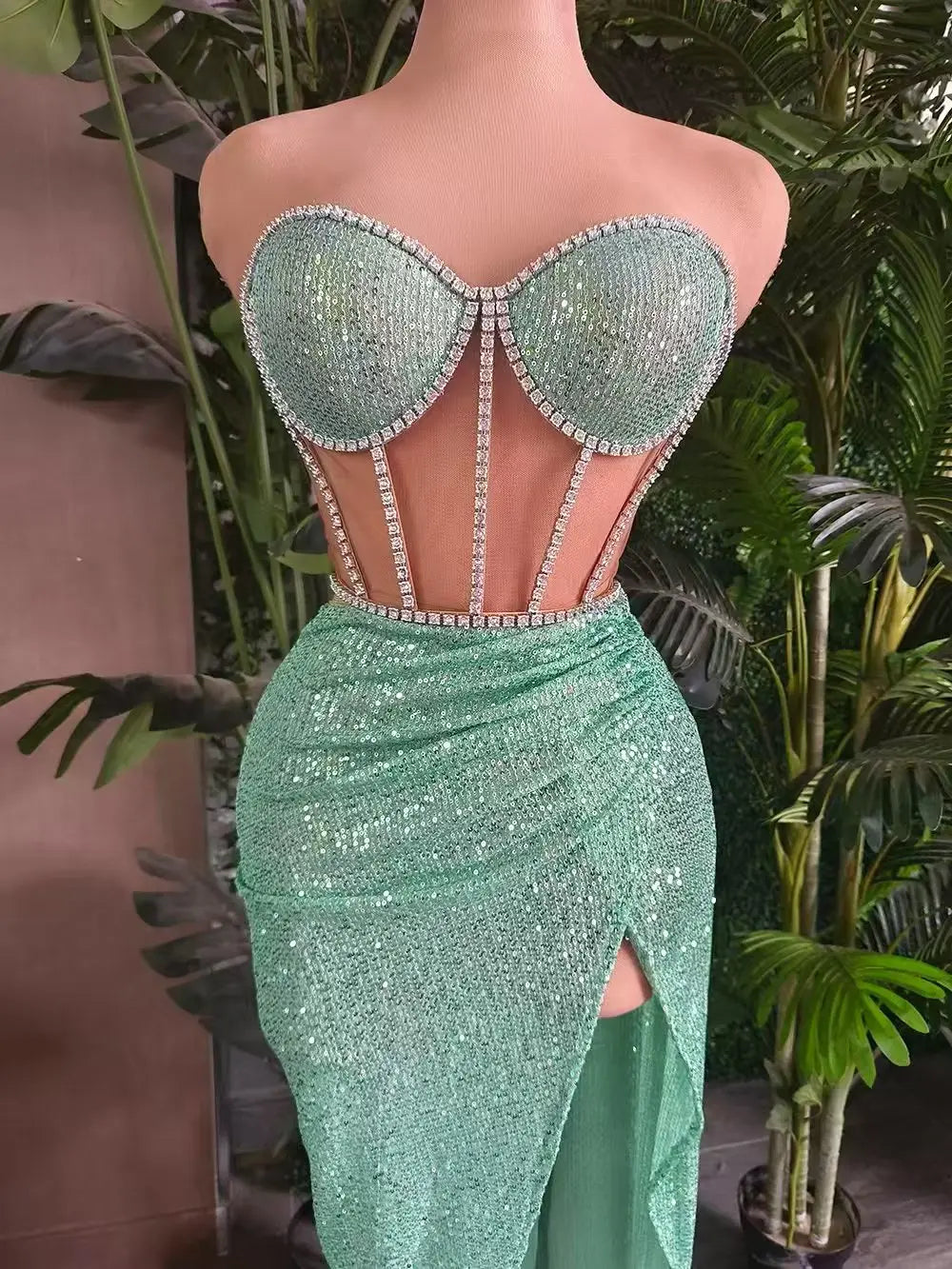 Stunning Sparkly Rhinestone Sequins Streamer Theme Party Hollow Out Tops Skirt 2Pieces Set Suit Festival Event Bodycon Tangguo Mint One Size