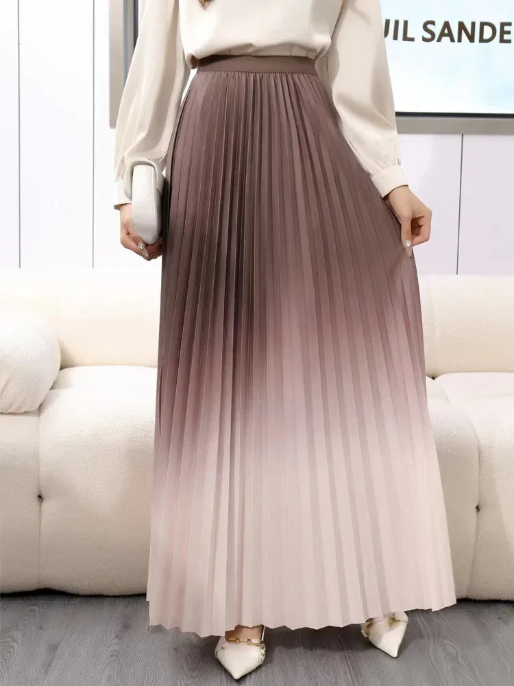 Floor-Length Long Pleated Skirt Women Gradient Color Lengthen Maxi Skirt Women Casual Patchwork Elegant Skirt Female Beige One Size