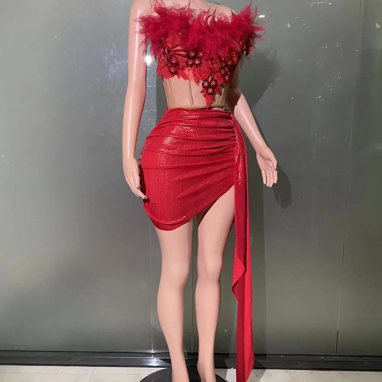 Christmas Style Women Sexy 2 Pieces Beading Draped Bodycon Mini Dress Nightclub Party Celebrate Bar Singer Performance Costume