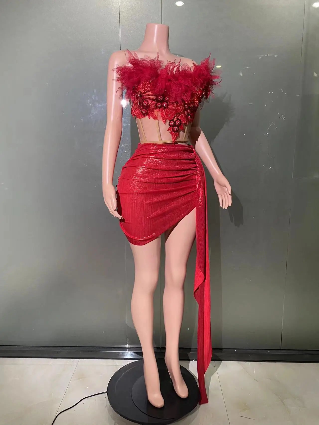 Christmas Style Women Sexy 2 Pieces Beading Draped Bodycon Mini Dress Nightclub Party Celebrate Bar Singer Performance Costume