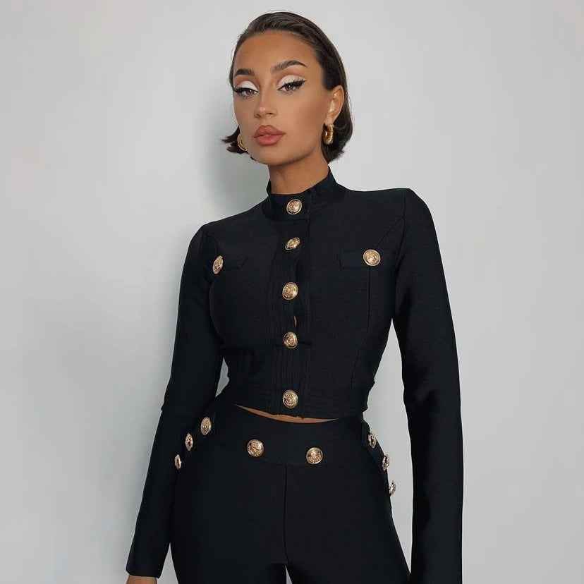 New Autumn Style Black Color Women Long Sleeve Button Rayon Bandage Coat Pants Fashion Women's Set High Street Celebrate Wear