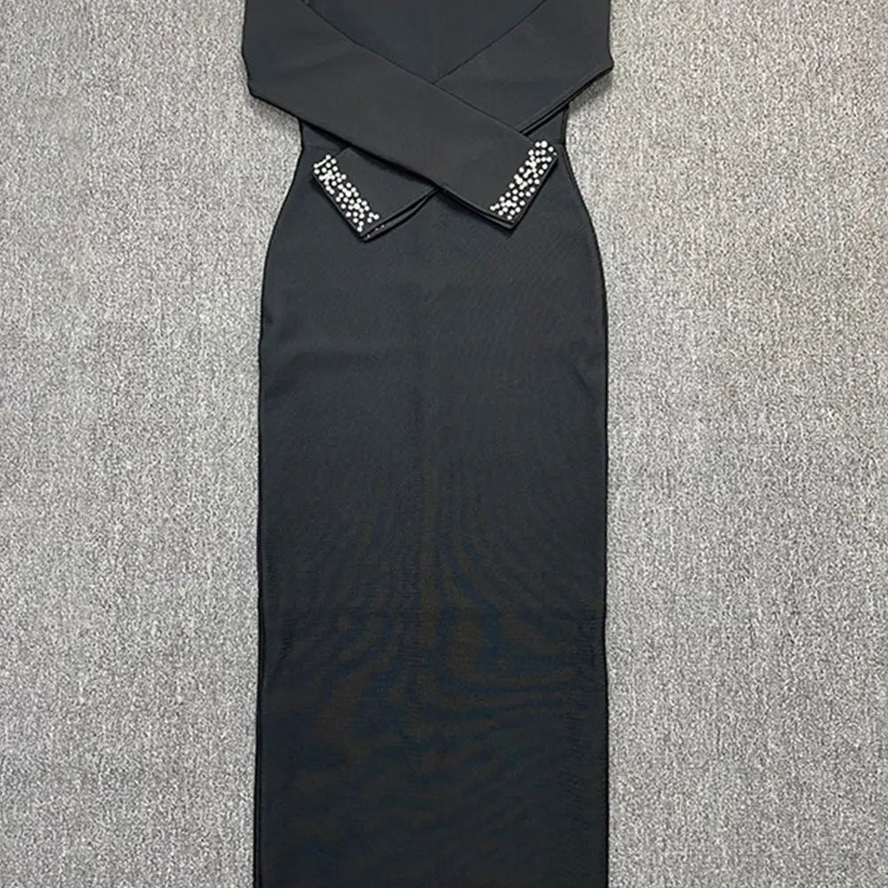 2024 Sexy Women'S Light Luxury Crystal Pearl Design Bandage Dress O-Neck Off Shoulder Long Sleeved Bodycon Christmas Long Dress black