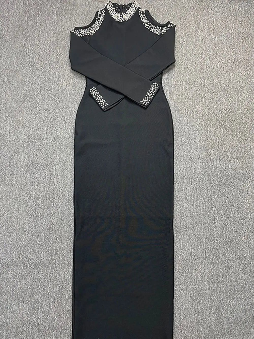 2024 Sexy Women'S Light Luxury Crystal Pearl Design Bandage Dress O-Neck Off Shoulder Long Sleeved Bodycon Christmas Long Dress black