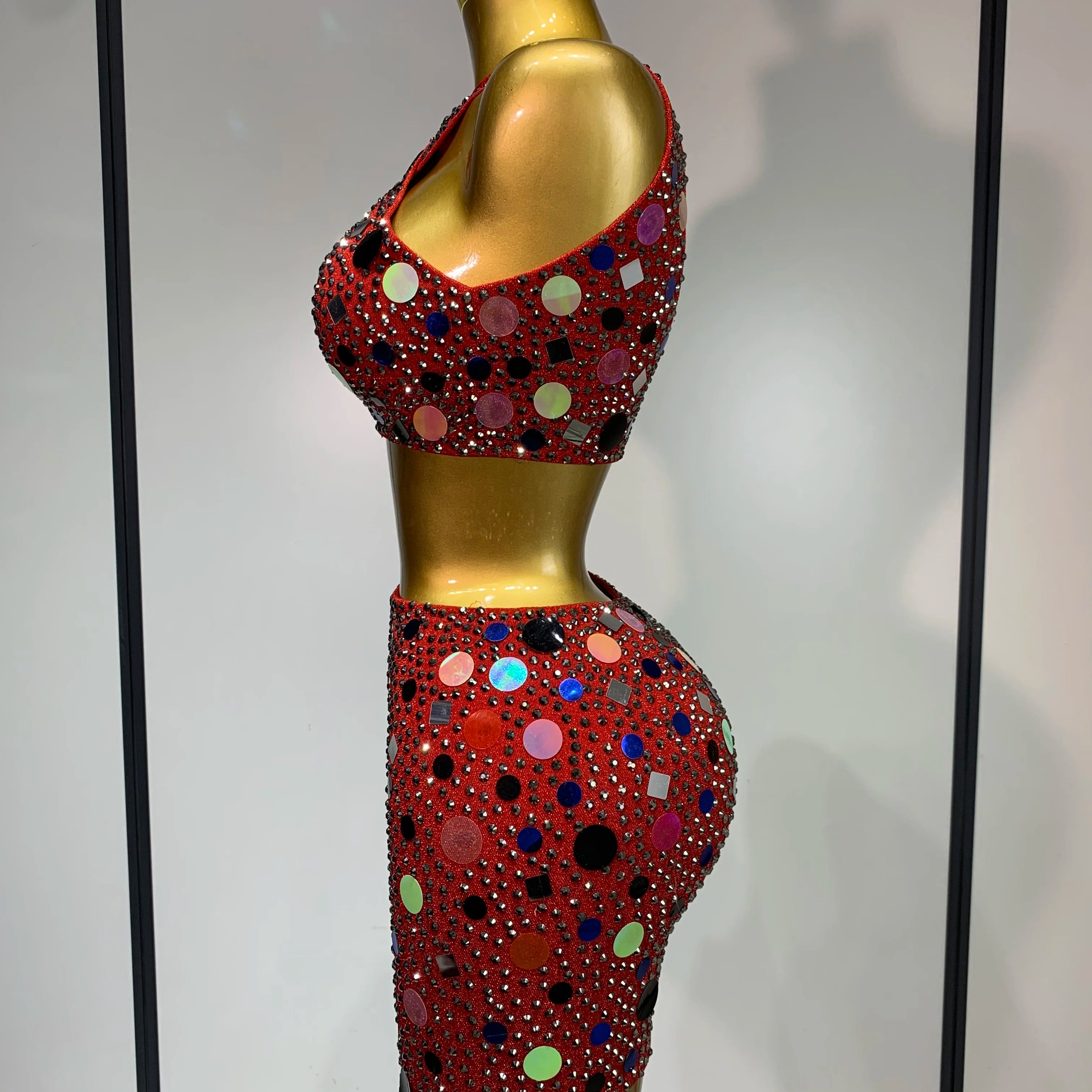 Luxury Rhinestone Sequin Sexy Two Piece Set 2025 New Fashion Nightclub Sparkly Perform Stage Costume Birthday Dress