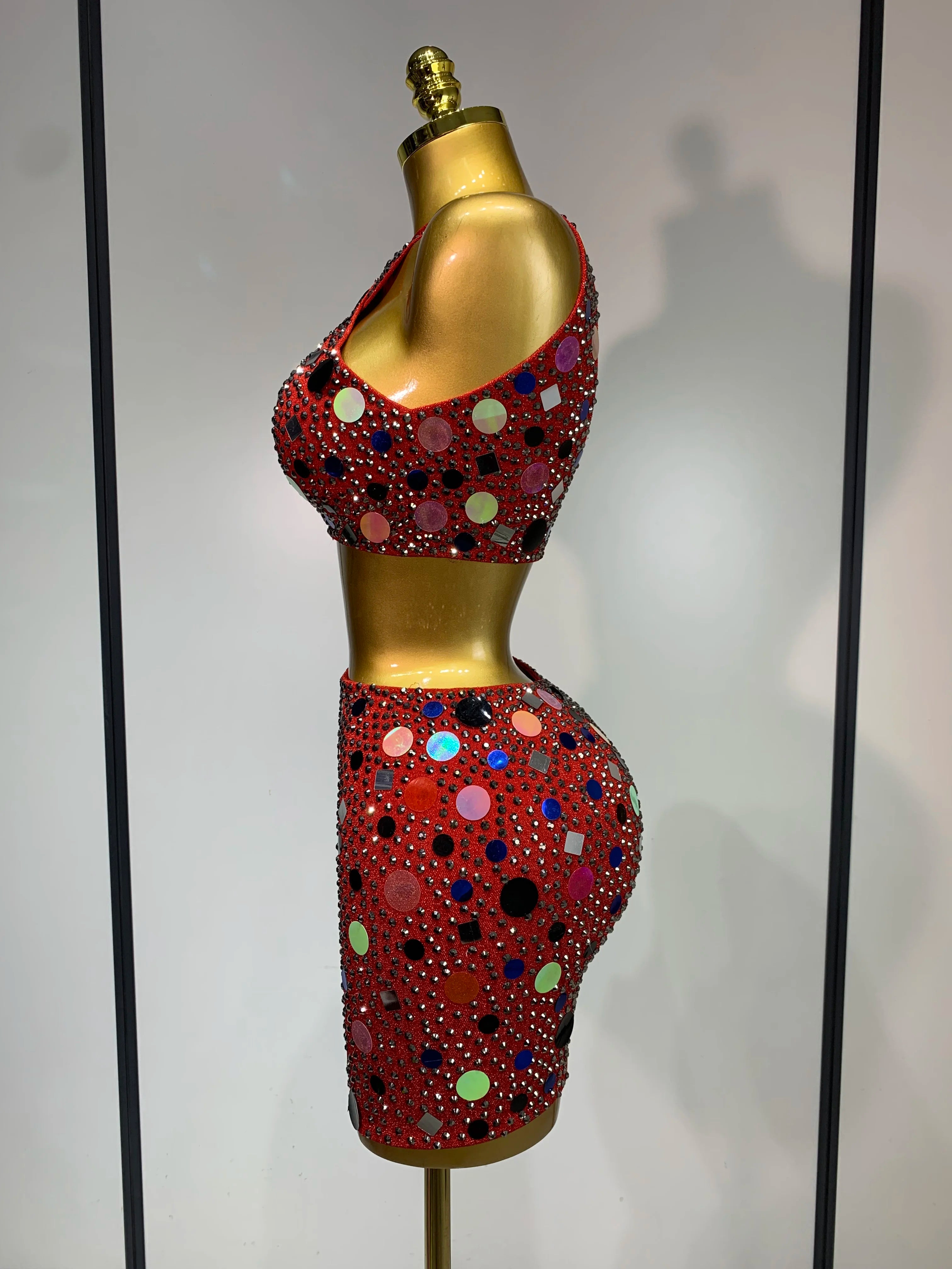 Luxury Rhinestone Sequin Sexy Two Piece Set 2025 New Fashion Nightclub Sparkly Perform Stage Costume Birthday Dress