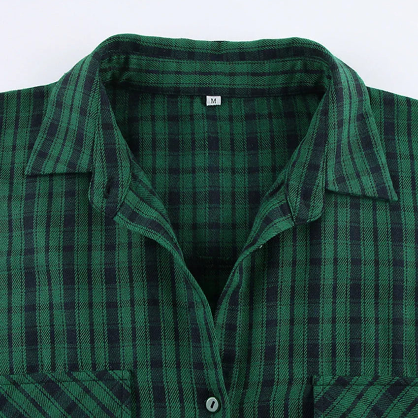 Bclout Casual Green Plaids Loose Blouses For Women 2022 Winter Vintage Long Sleeve Party Shirts Flannel Elegant Office Lady Tops