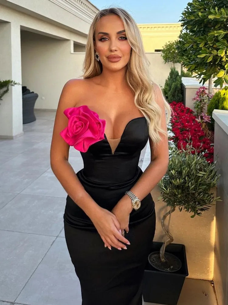 Celebrity Women Summer Sexy Strapless Backless Flower Patchwork Maxi Long Bandage Dress 2024 Elegant Evening Club Party Dress black
