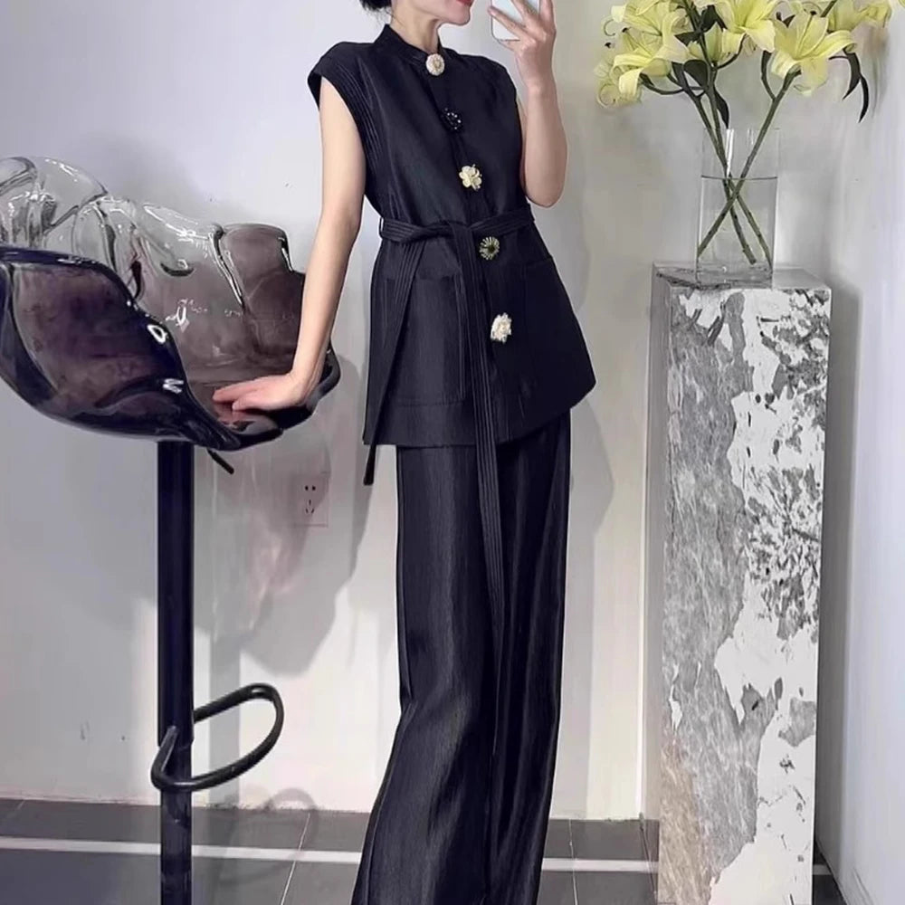 Fashion Two Piece Sets for Women Round Neck Sleeveless Spliced Irregular Button Top High Waist Pant Set Female New BLACK